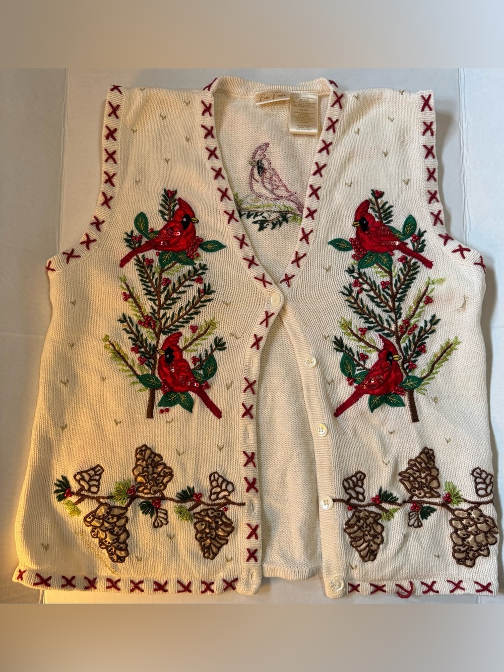 Bobbie Brooks White Embroidered Cardinal & Pinecone V-Neck Sweater Vest